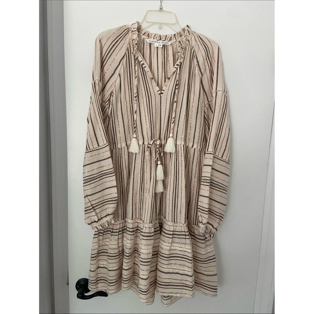 Veronica Beard Danika Cream Dress with Brown & Rust Stripes
